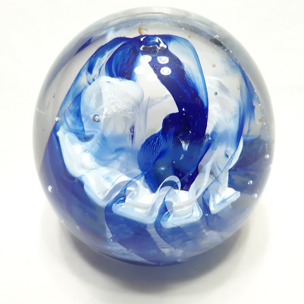 Vintage Kerry Glass Paperweight Small Blue Swirl Latticinio Round 3‎ in Tall